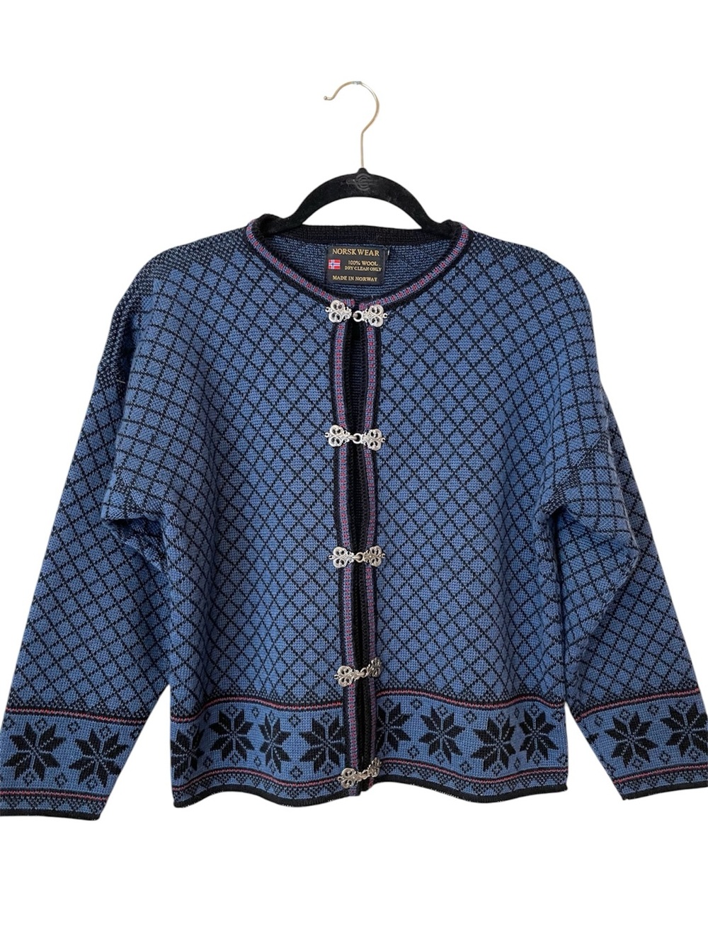 Norsk Wear 100% Norwegian Lambswool Cardigan Sweater M Royal Blue Nordic Print
